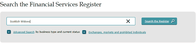 Screenshot of the FCA search form. The text 'Scottish Widows' is in the search field