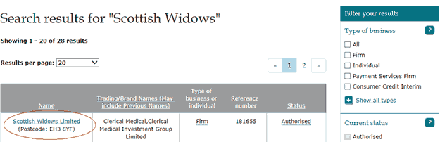 Screenshot of the FCA search results. 'Scottish Widows Limited' is highlighted.